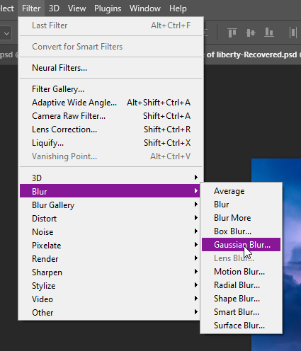 Where to find the 'Gaussian Blur' option in Adobe Photoshop.
